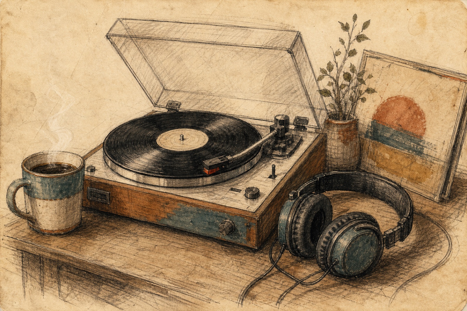 Pencil-and-ink drawing of a record player, coffee cup, and headphones